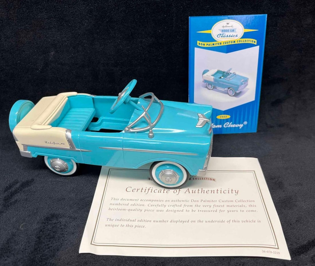 Kiddie Car Classic "1955 Custom Chevy" With COA & Hallmark Card: This lot contains a Kiddie Car Classic "1955 Custom Chevy" With COA & Hallmark Card. It is approx 6 3/4" x 2 1/2" x 3 1/4" and weighs about 1.1lbs. Overall the Kiddie Car is in