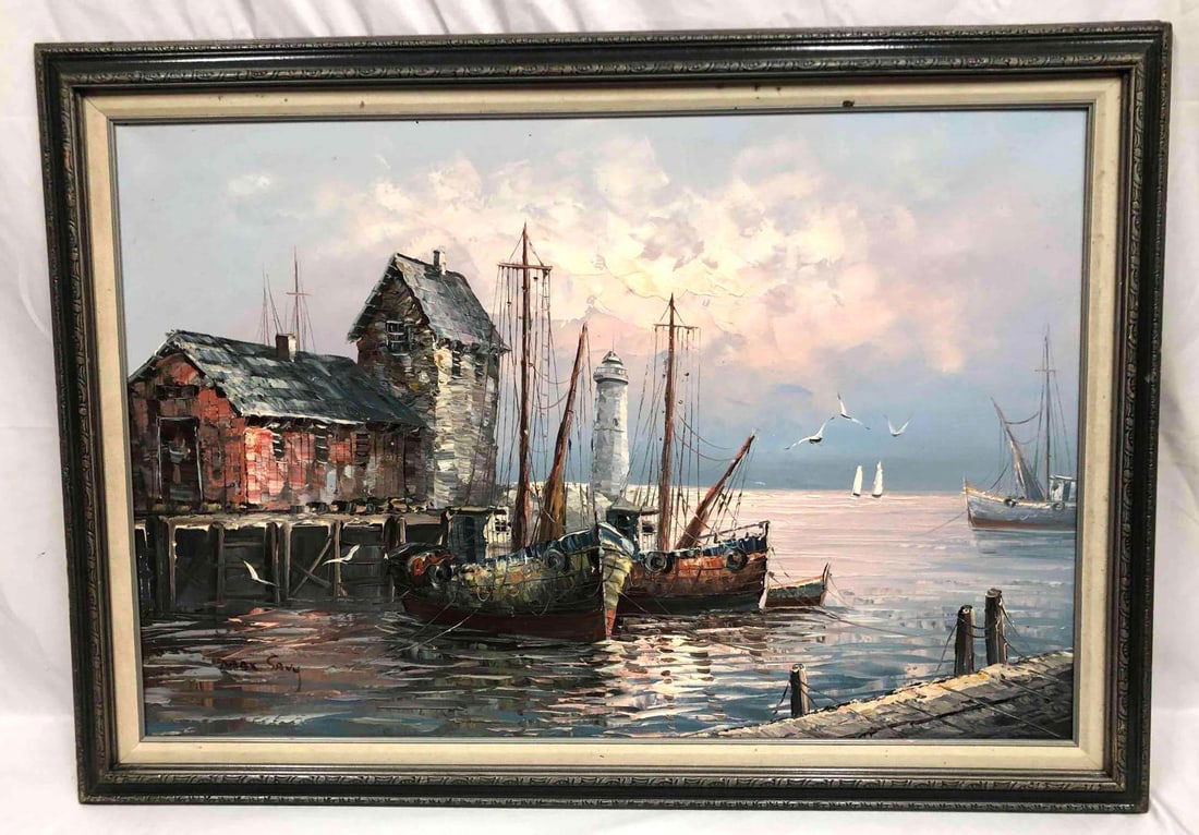 Original Max Savy Oil Painting On Canvas Port Scene (1 of 6)