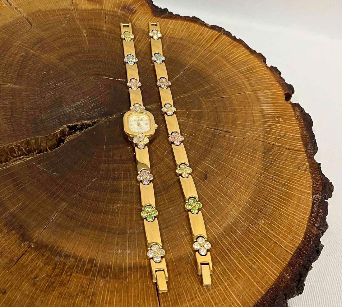 Joan Rivers Classics Collection Gold Tone Floral Crystal Watch & Bracelet Set In Original Box (1 of 6)