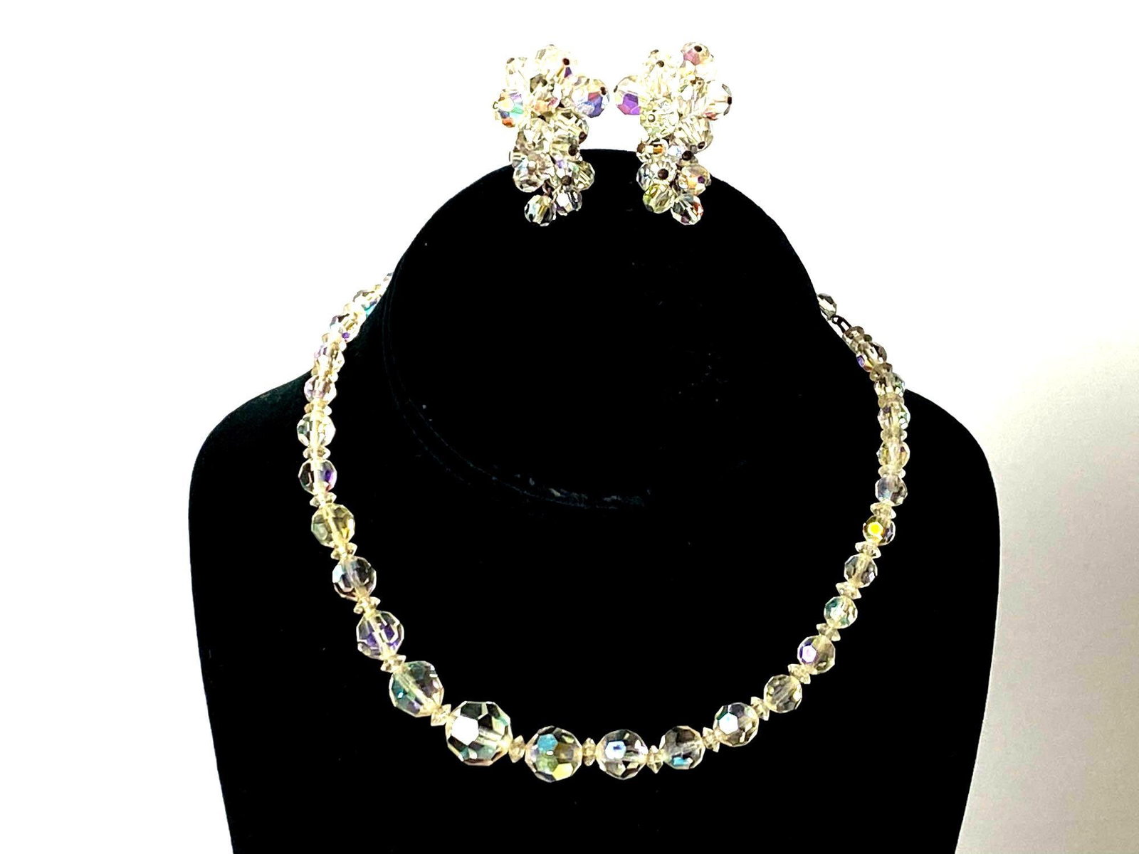 Vintage Iridescent Rainbow Glass Choker necklace & Earrings: All pieces are tested and researched prior to listing . Please view all our pictures they are part of our description . Happy Bidding DETAILS: Material : Glass Maker : Unknown