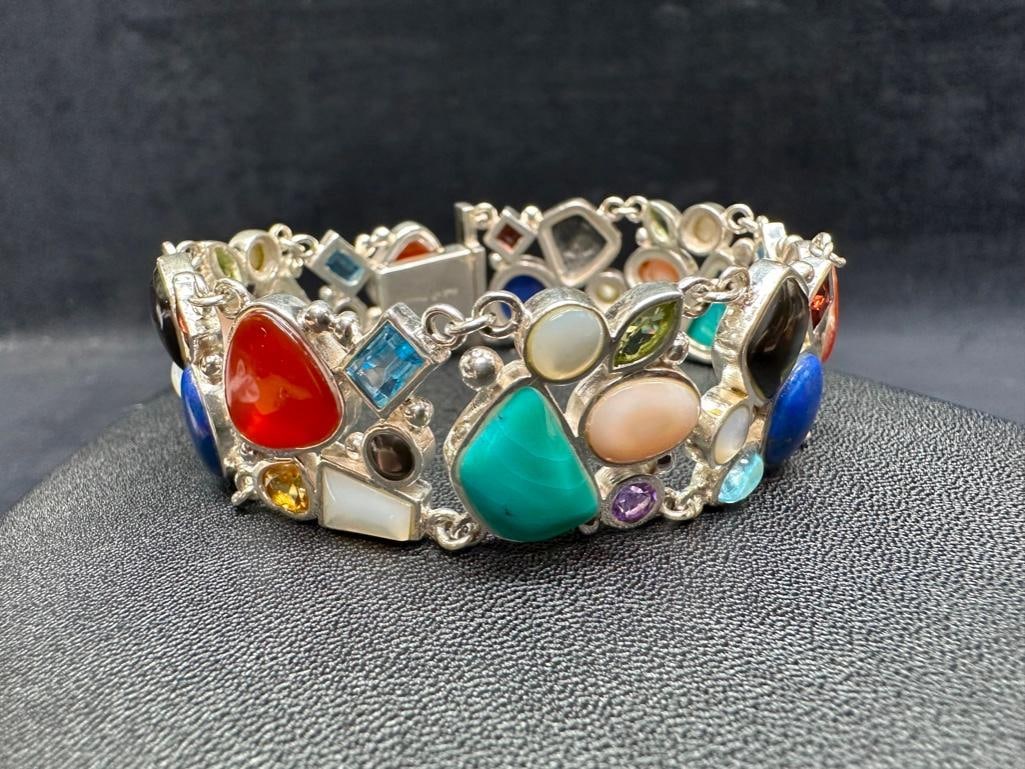 Wide Sterling Silver & Multi-Gemstone Bracelet (1 of 2)