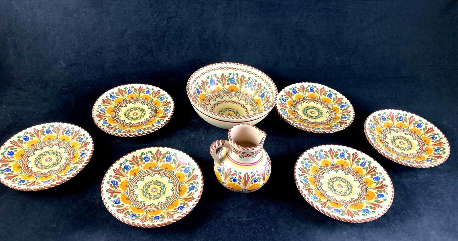 Set of Puente Pottery Bowls, Pitchers, and Plates: Up for auction is a recent estate find, a set of Puente pottery from a large collection of pottery porcelains, and other items from around the world. This lot contains medium plates, a pitcher, and a 