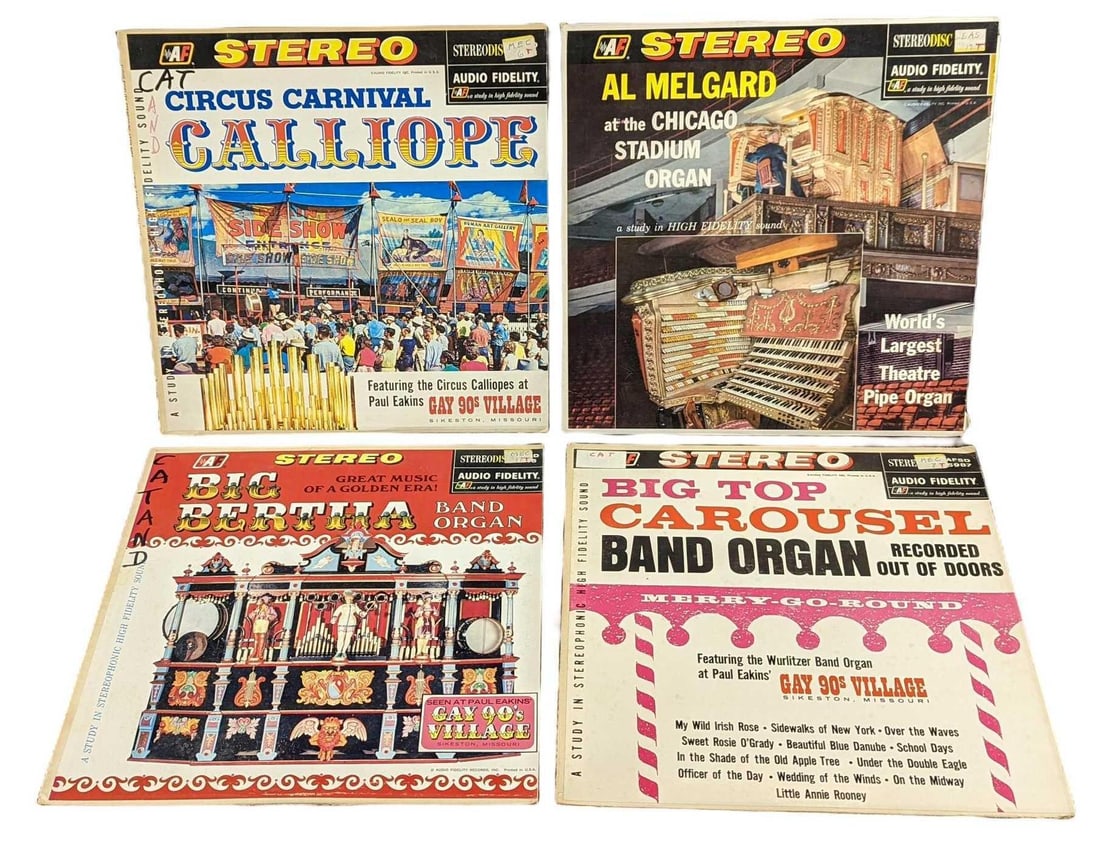Four Vintage Big Band Organ LP Records: This lot includes: (1) Big Bertha Band Organ - Great Music Of Golden Era. This was released by Audio Fidelity Records in 1966. (1) Big Top Carousel Band Organ Record Out Of Doors. This was released b