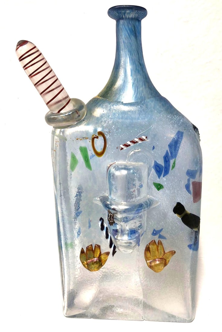Kosta Boda Swedish Art Glass - Abstract "Atelier" Flask Bottle Vase - Bertil Vallien - Signed: Kosta Boda Swedish Art Glass Abstract "Atelier" Flask Glass Bottle - Signed by Artist Bertil Vallien. The item measures approximately 11-1/4" x 6" x 2-3/4" and weighs about 3.5lbs.