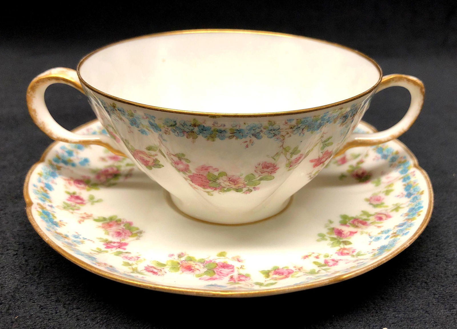 Fine China Tea Cup w Handles & Saucer - Haviland, Burley & Co - Made in France - Pink & Blue Floral (1 of 9)