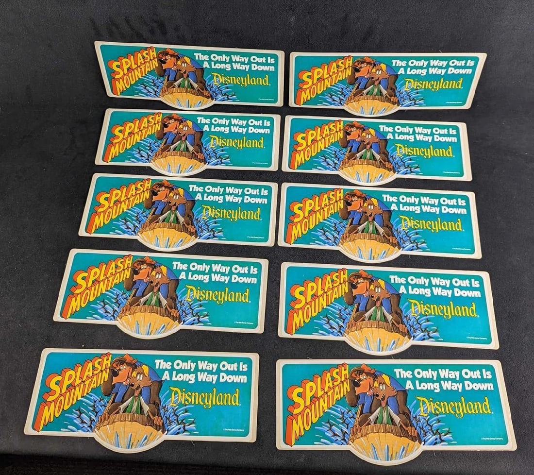 Vintage Disneyland Splash Mountain Bumper Stickers: Ten Vintage Bumper Stickers from Disney's Splash Mountain. Stickers are approx 11" x 4 1/2" and together they weigh 0.20lb. The sticker shows Brer Bear and Brer Fox as they plummet down th