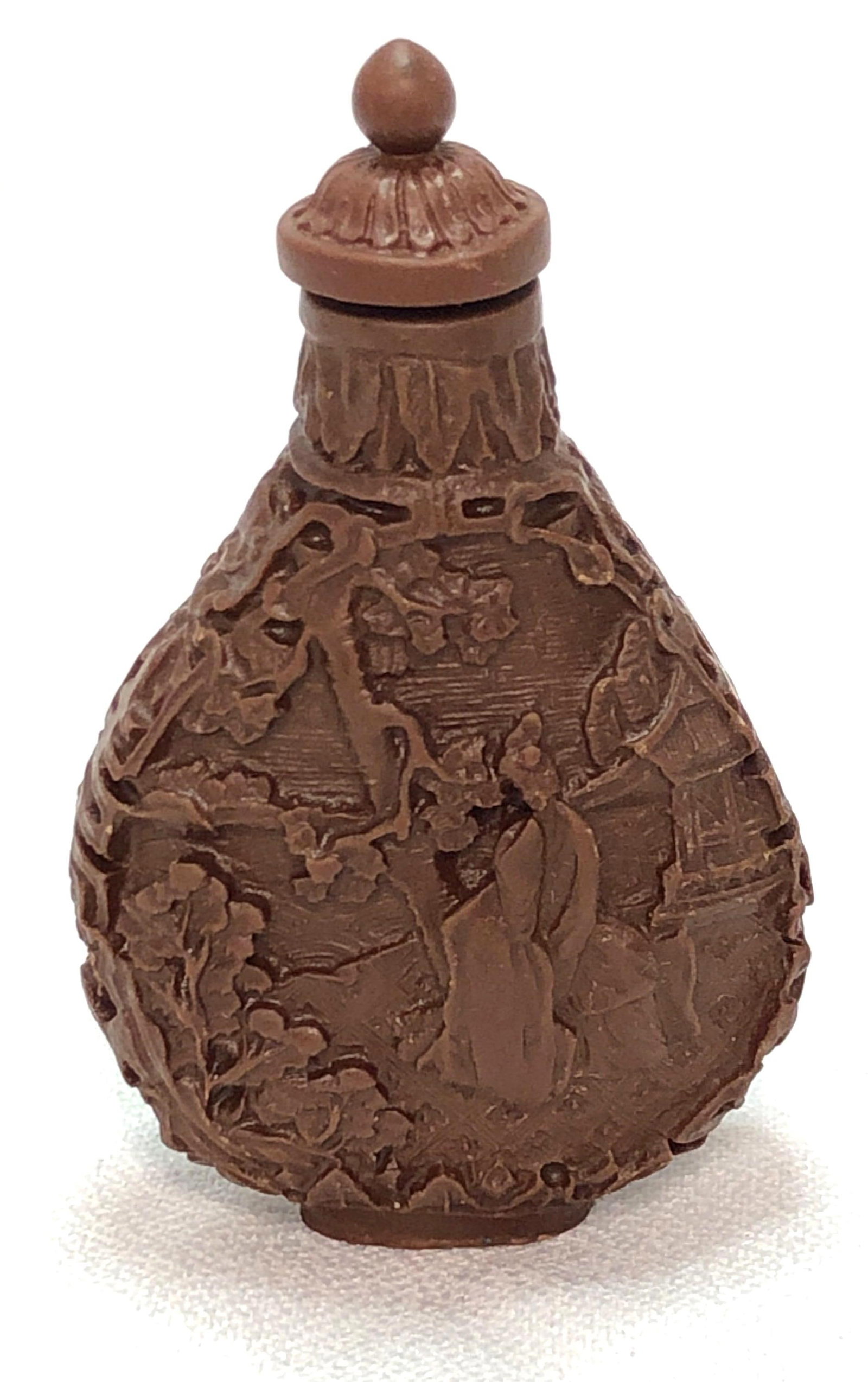 Vintage Carved Snuff Jar Geisha Garden Landscape: Vintage Asian Carved Resin Snuff Jar with Geisha in Garden Landscape. Stopper with spoon. The Vintage Snuff Jar is approximately 3" x 1-3/4" x 3/4" and weighs about 0.1lbs. Overall this it