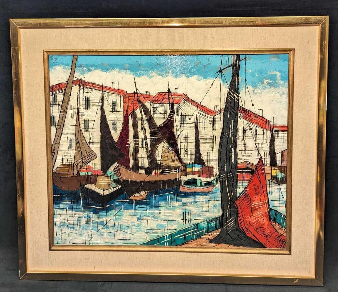 Framed Original Hugo Casar Modernist Still Life Boats: Framed Original Hugo Casar Modernist Still Life Boats. The framed canvas is approx 31" x 1" x 26 3/4" and it weighs 5.50 lbs. Oil on canvas. The artist signed the original on the bottom ri