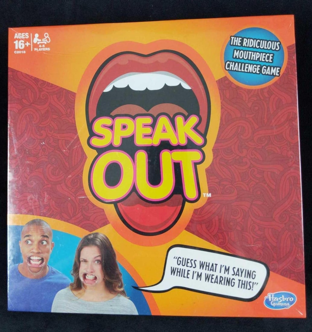 Speak Out Hasbro Board Game Mouthpiece B: Hilarious fun for family and friends. Mouthpiece makes speech sound ridiculous. Includes 200 double-sided cards for lots of phrases. Includes 5 mouthpieces, 200 double-sided cards, a timer, and instru