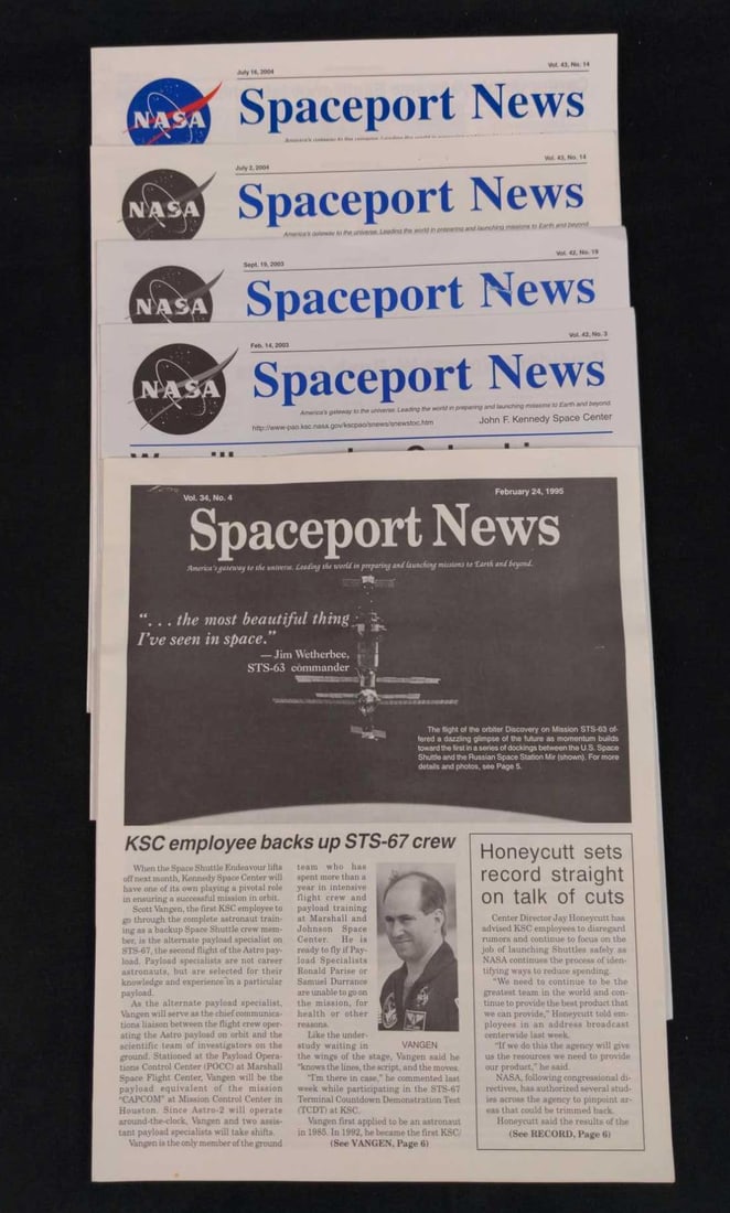 Five NASA Spaceport News Newspapers: This lot includes: (1) Vol 34. No 4. Feb 1995. (1) Vol 42. No 3. Feb 2003. (1) Vol 42. No 19. Sept 2003. (1) Vol 43. No 14. July 2004. (1) Vol 43. No 14. July (15th) (In Color). All are approx 9 1/2