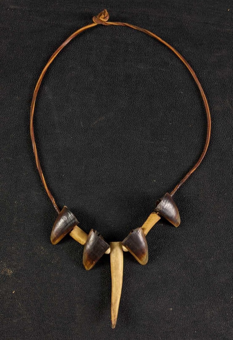 Hunter Trophy Necklace Horn and Claw Necklace: Hunter Trophy Necklace Horn and Claw Necklace This necklace is made with beads and leather string, but more interestingly it is made with small trophies such as horns and claws. This is a hunter's