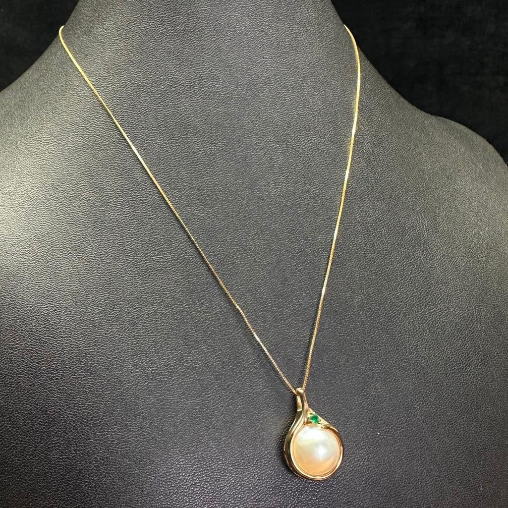 14k Gold Pearl Emerald Pendant Necklace (1 of 4)