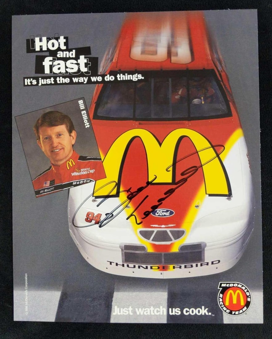 Autographed Bill Elliot Publicity McDonalds Print B: Autographed Bill Elliot bio card from McDonald's. Is approx 8" x 10". Card and autograph are in good, used condition with no known damage. Please note, this does not come with a COA and wa