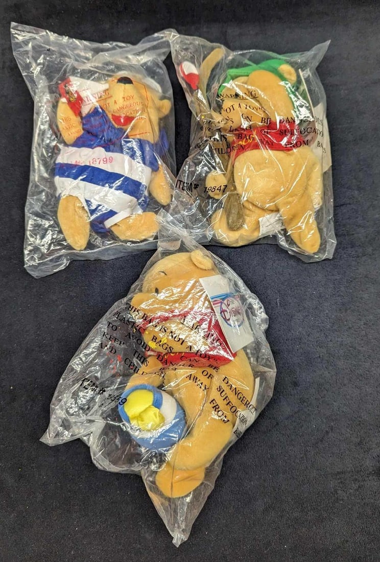 3 Sealed Winnie The Pooh Mini Bean Bag Dolls: 3 Sealed Winnie The Pooh Mini Bean Bag Dolls. This lot includes: (1) Sealed Fishing Pooh Bean Bag Doll. (1) Sealed Picnic Pooh Bean Bag Doll. (1) Sealed Nautical Pooh Bean Bag Doll.
