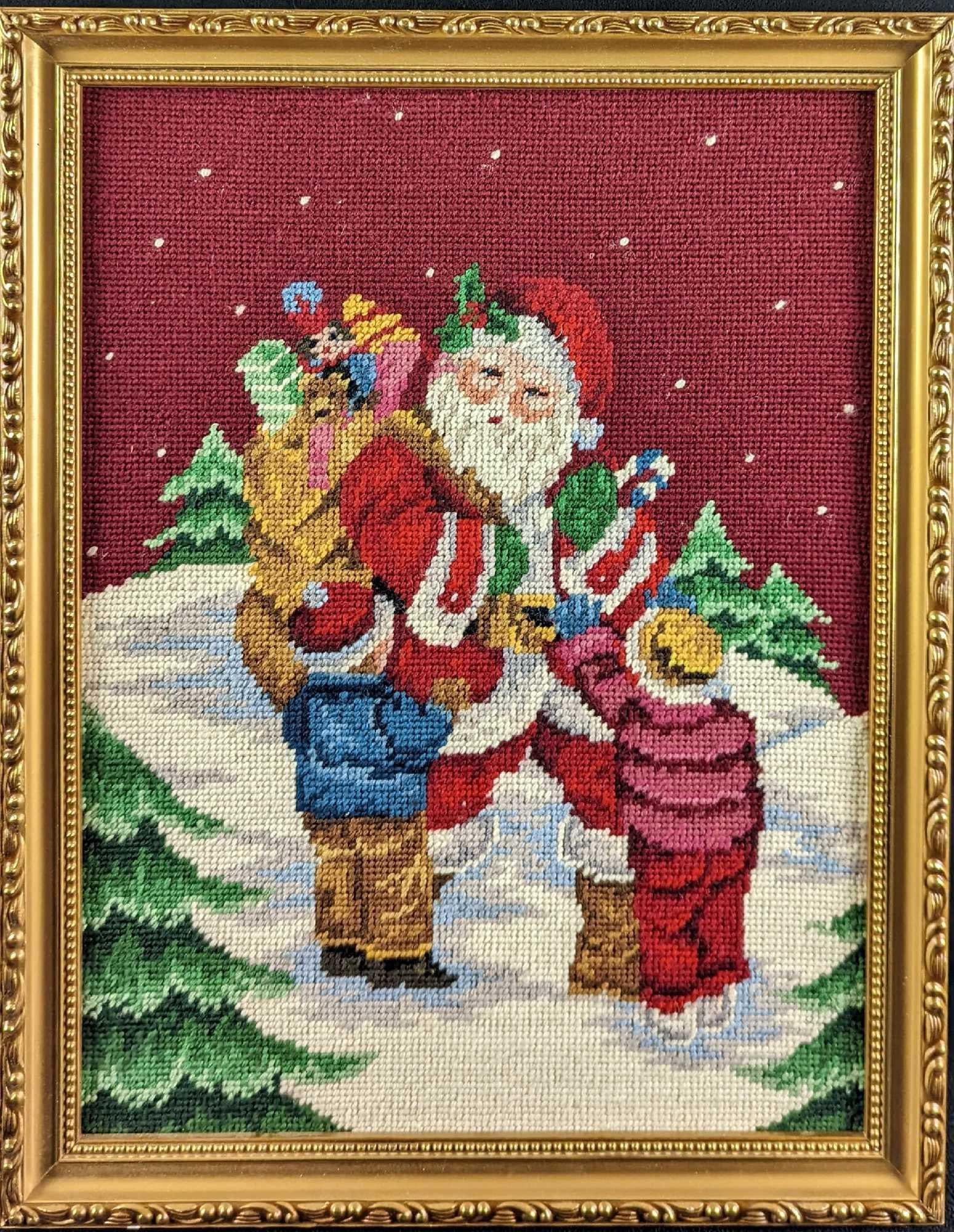 Framed Cross Stitch Embroidery Santa Claus With Kids (1 of 6)