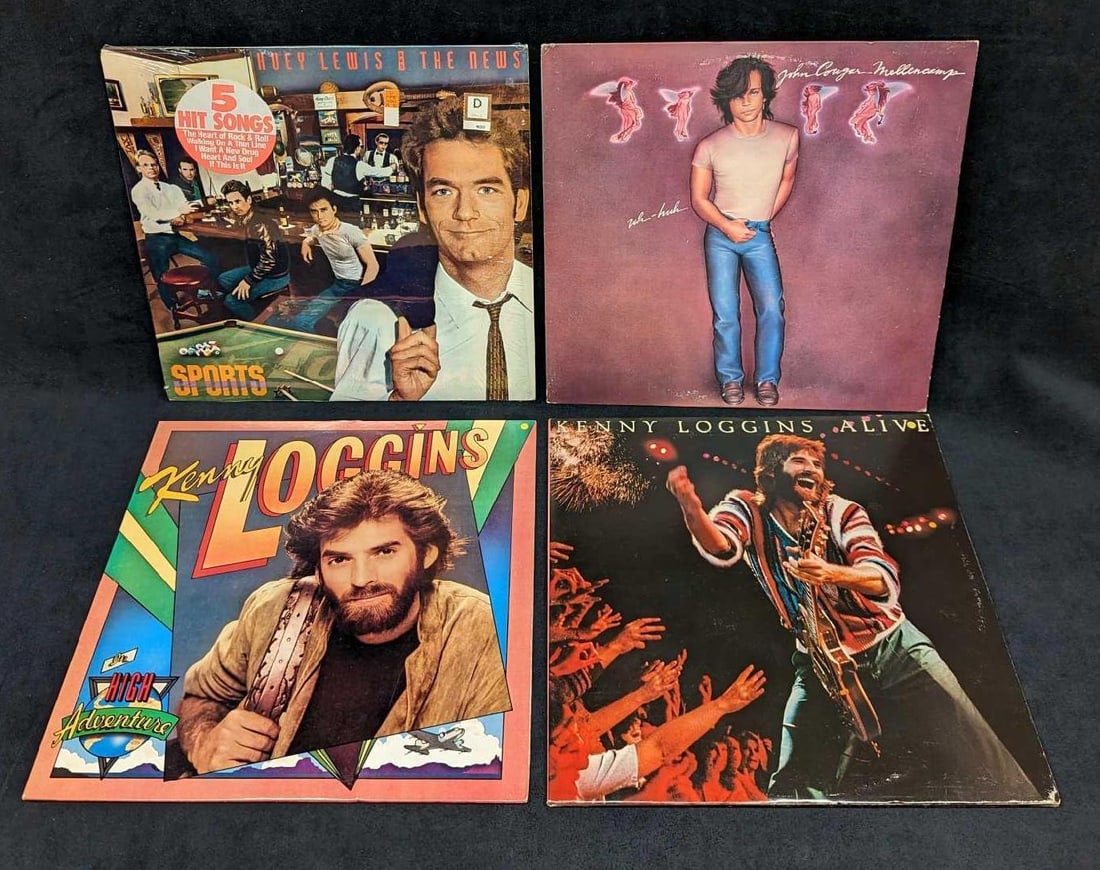 4 Kenny Loggins Huey Lewis John Cougar Mellencamp LPs: 4 Kenny Loggins Huey Lewis John Cougar Mellencamp LPs. This lot includes: (1) Kenny Loggins – High Adventure. This was released by Columbia in 1982. Issued with custom printed inner-sleeve with lyr