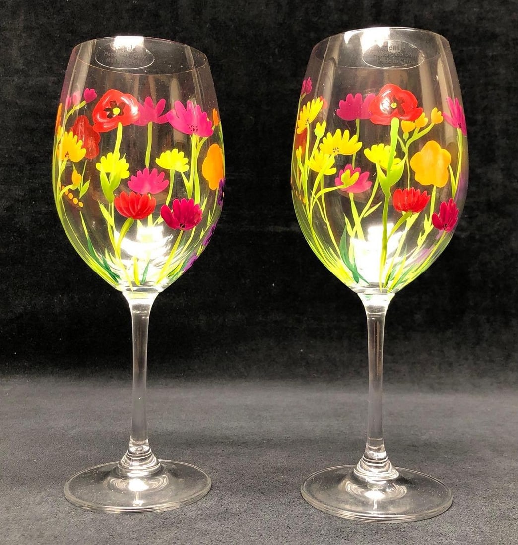 Pair of Hand Painted Glass Wine Glasses - Floral Stemware - Bright Colors - 2pcs: Pair of Hand Painted Wine Glasses - Floral Glass Stemware - Bright Colors: Pink, Red, Yellow, Orange, Purple, Green. 2 pieces. Hand Wash Only. (2pcs) Wine Glasses 9-1/2" x 3-1/2" x 3-1/2"