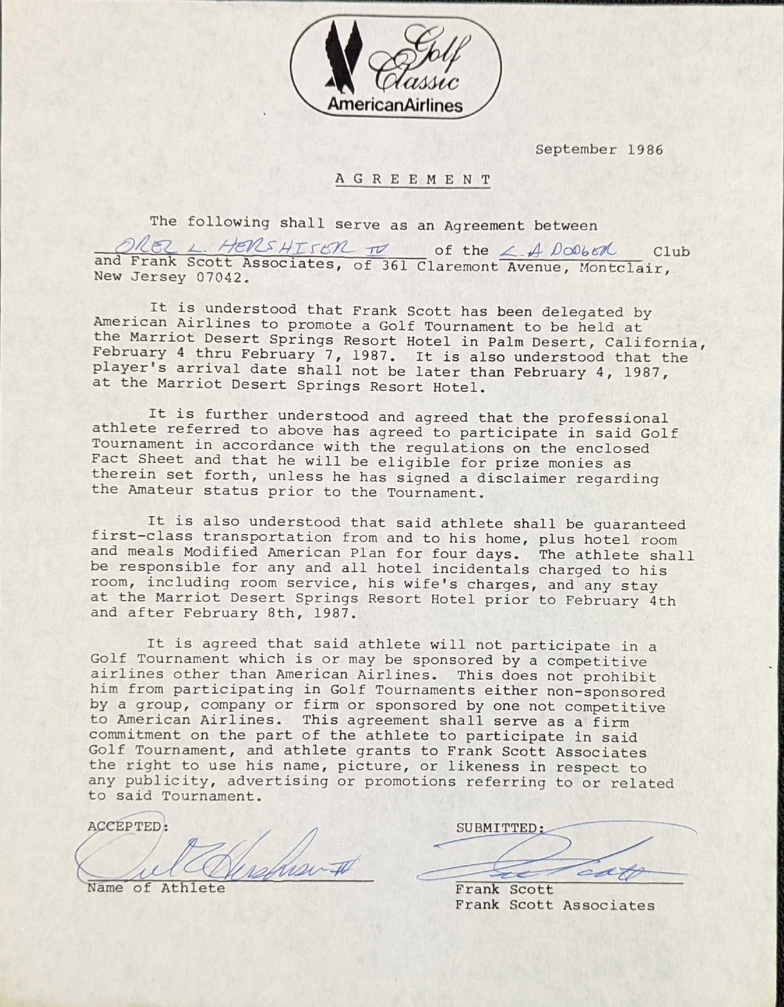 Signed Baseball HOF Orel Hershiser Letter (1 of 3)