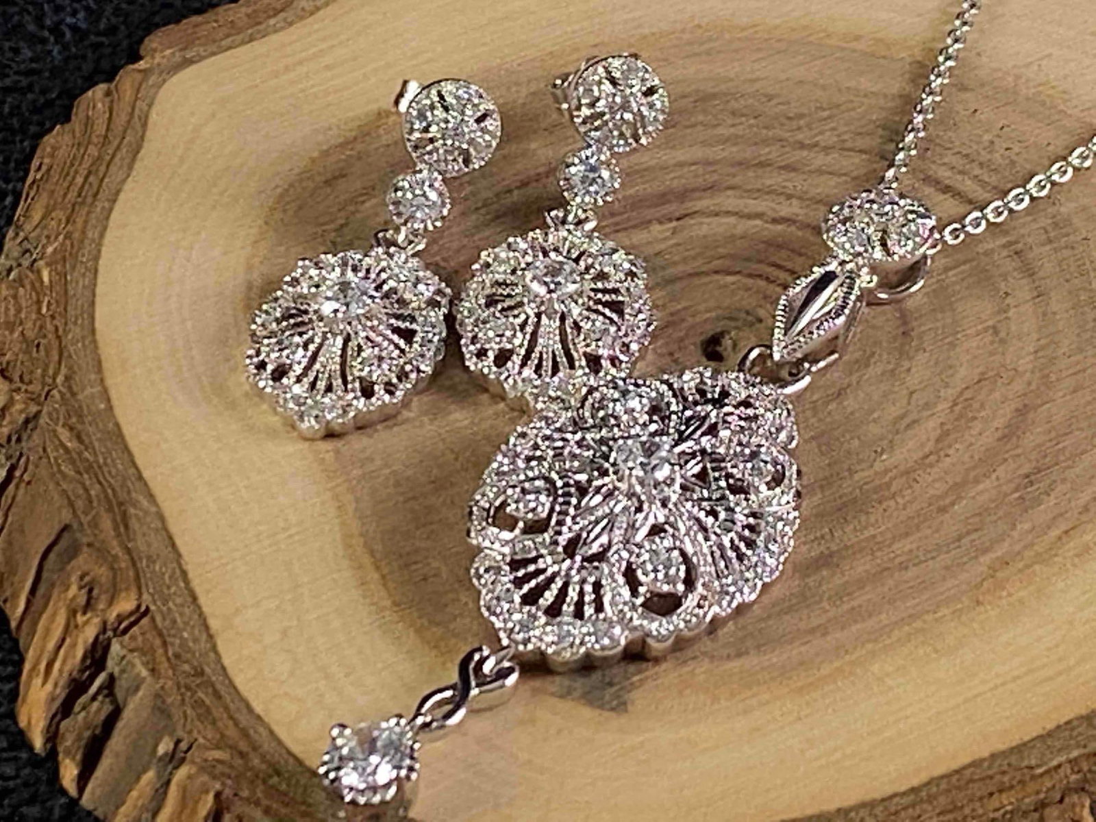 Sterling Silver Filigree CZ Necklace & Earring Set: This Fine Estate piece has been tested & researched prior to listing .Please view all our photos they are part of the description .Thanks Happy Bidding Metal - Sterling 925 Color - Silver Size - 1