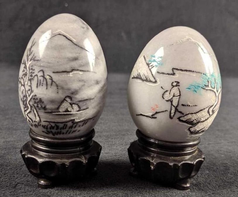 Grey And White Marble Chinese Eggs On Stand Set Of Two (1 of 9)