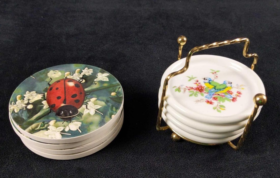 Eight Bug And Bird Coasters Absorbent Stone: This lot includes: (4) "Counter Art" Absorbent Stone Coasters. With a lady-bug design. These coasters are approx 4" x 4" and come in their original box which is approx 4" x 4 1/4&