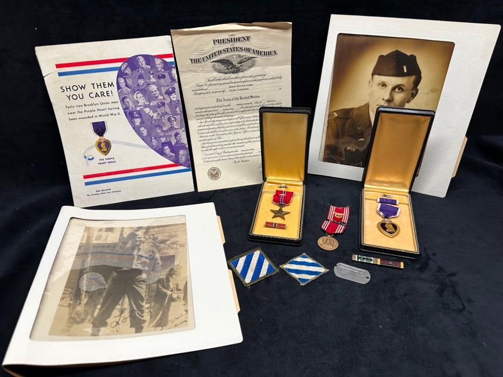 WWII 2nd Lieutenant Medal Group: WWII 2nd Lieutenant Medal Group Lot of medals from a WWII veteran Ernest Linkey, including a Bronze Star, Purple Heart, and Army Good Conduct Medal. This lot also comes with a Ribbon bar, the 3rd Infa