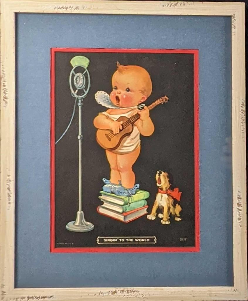 Vintage Framed Baby & Puppy Singing To The World Print (1 of 4)