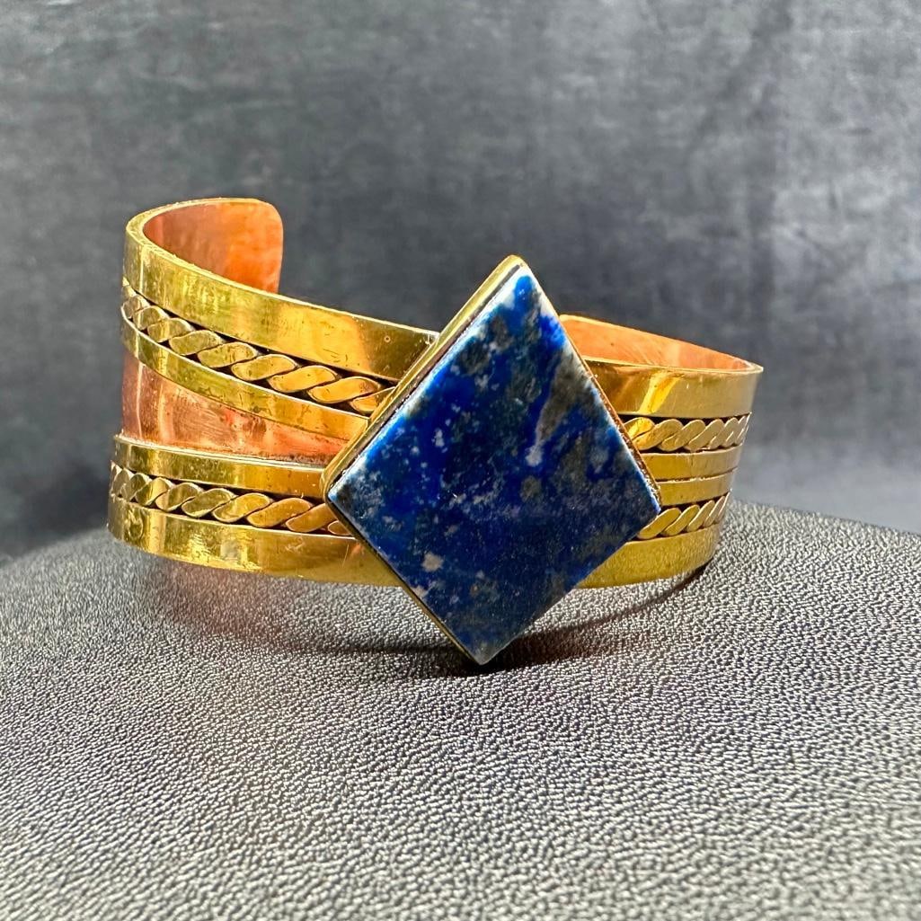 Brass & Copper Bangle With Lapis Lazuli (1 of 3)