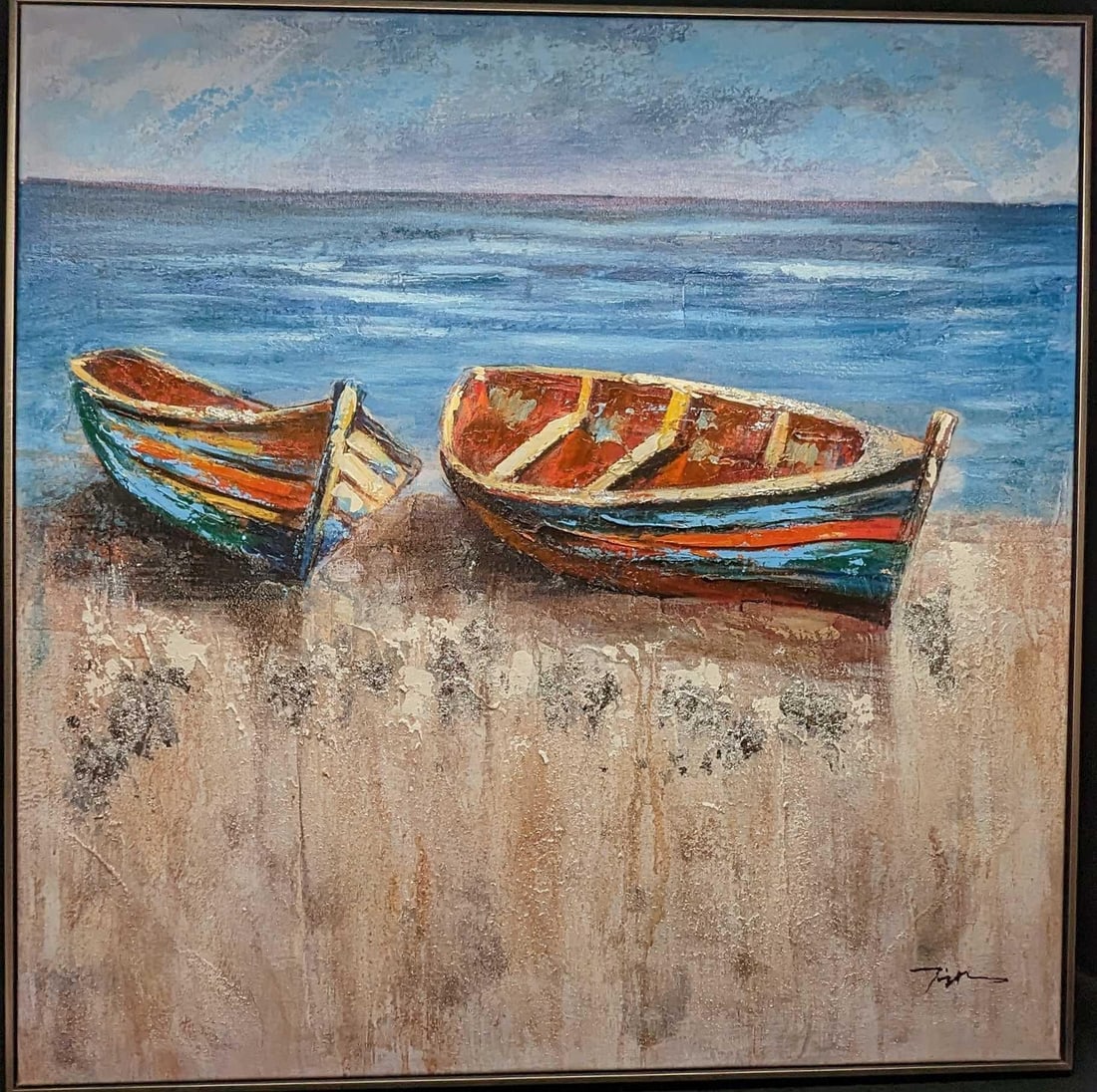 Framed Fishing Boats Wall Textured Print On Canvas: Framed Fishing Boats Wall Textured Print On Canvas. Hand-applied, textured gel finish is used to be closely replicated to produce this highly detailed print on canvas. The print on canvas is approx 36