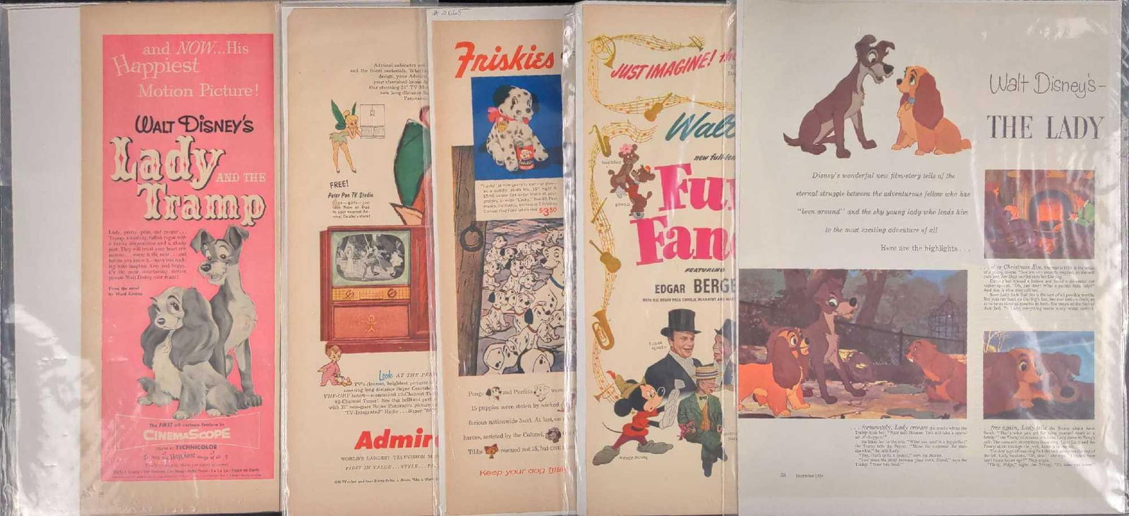 Vintage Disney Lady And The Tramp Peter Pan Advertisements: Vintage Disney newspaper advertisements. This lot includes: (1) Vintage 1955 Walt Disney’s Lady And The Tramp Movie Advertisement. (1) Vintage 1954 Walt Disney’s Lady And The Tramp Movie Preview