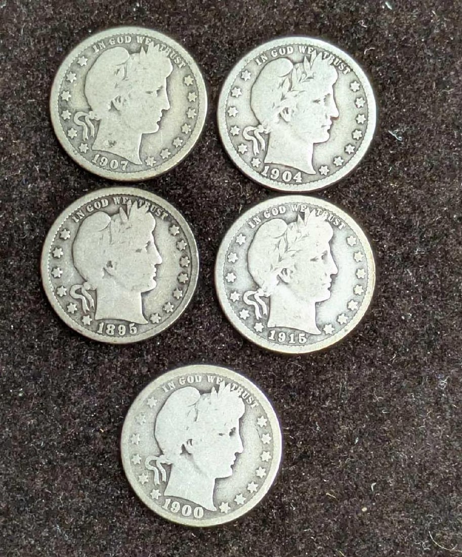 5 Antique Silver Barber Quarters (1 of 2)