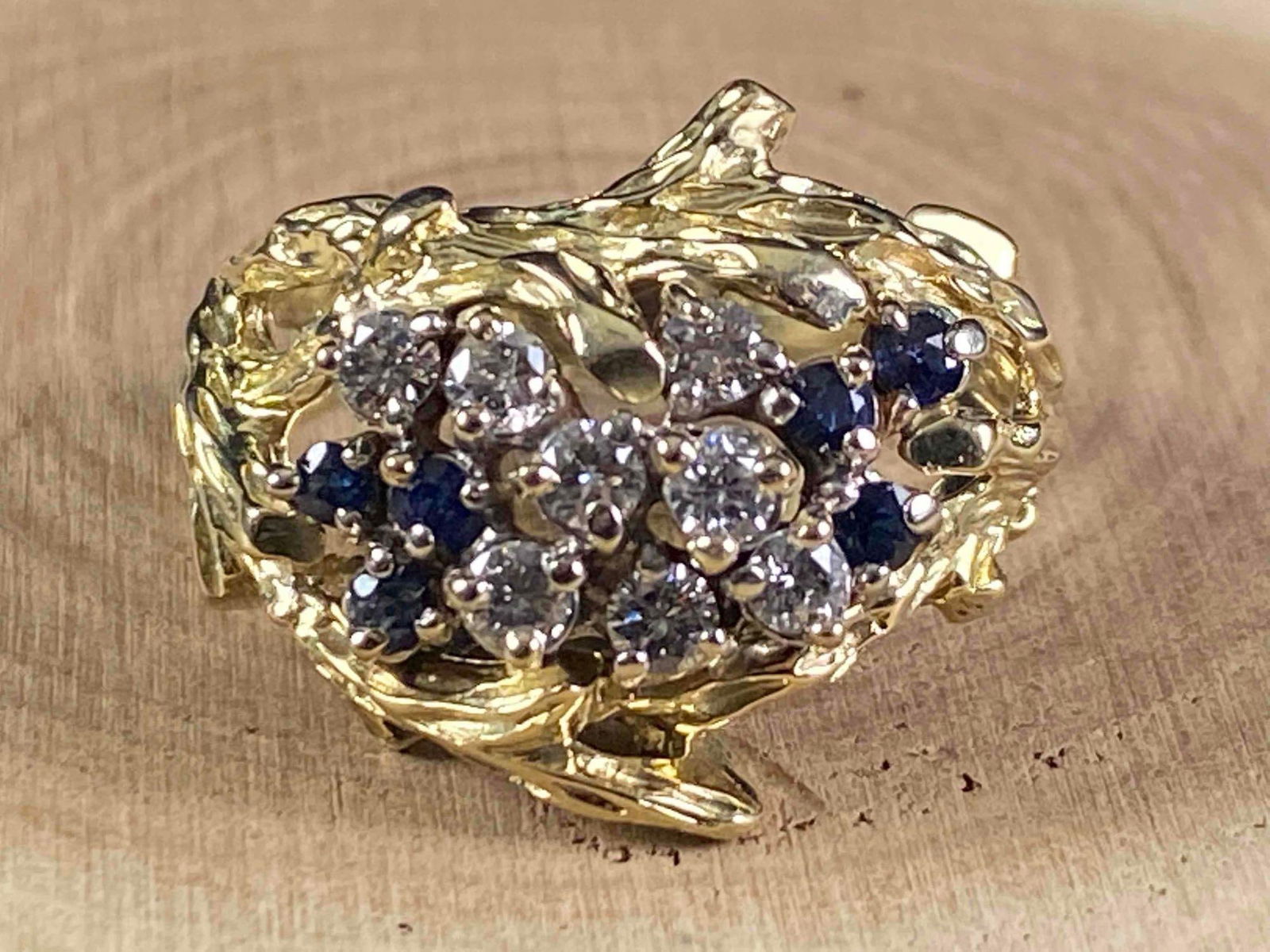 Vintage Custom 14K Gold Diamond & Sapphire Cluster Branch Ring (1 of 10)