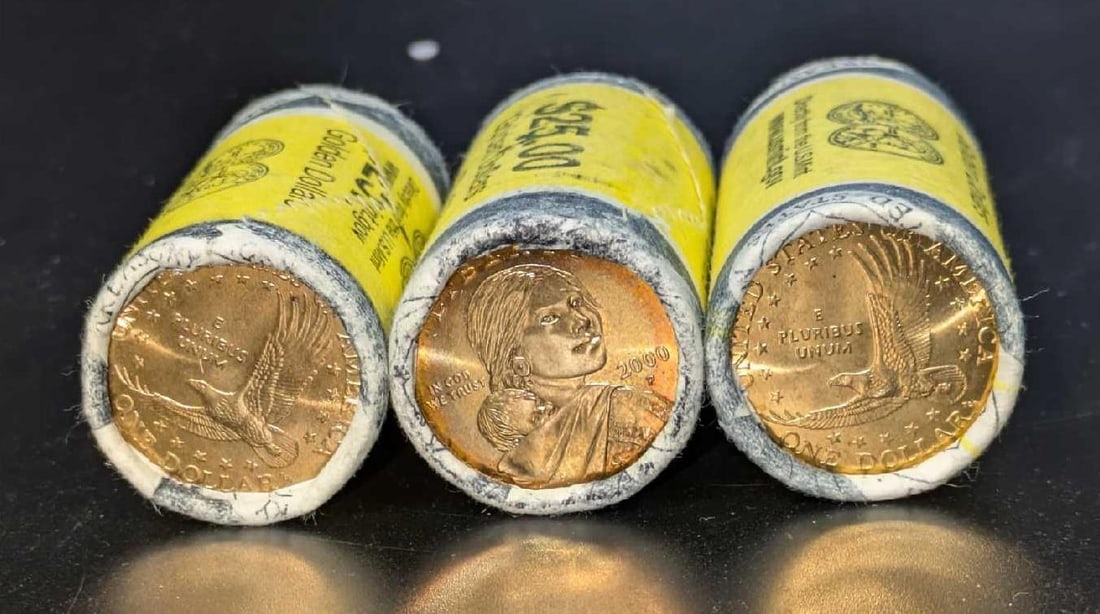 2000 Philadelphia 3 Rolls Of $25 Golden Sacagawea Dollar Coins C (1 of 4)