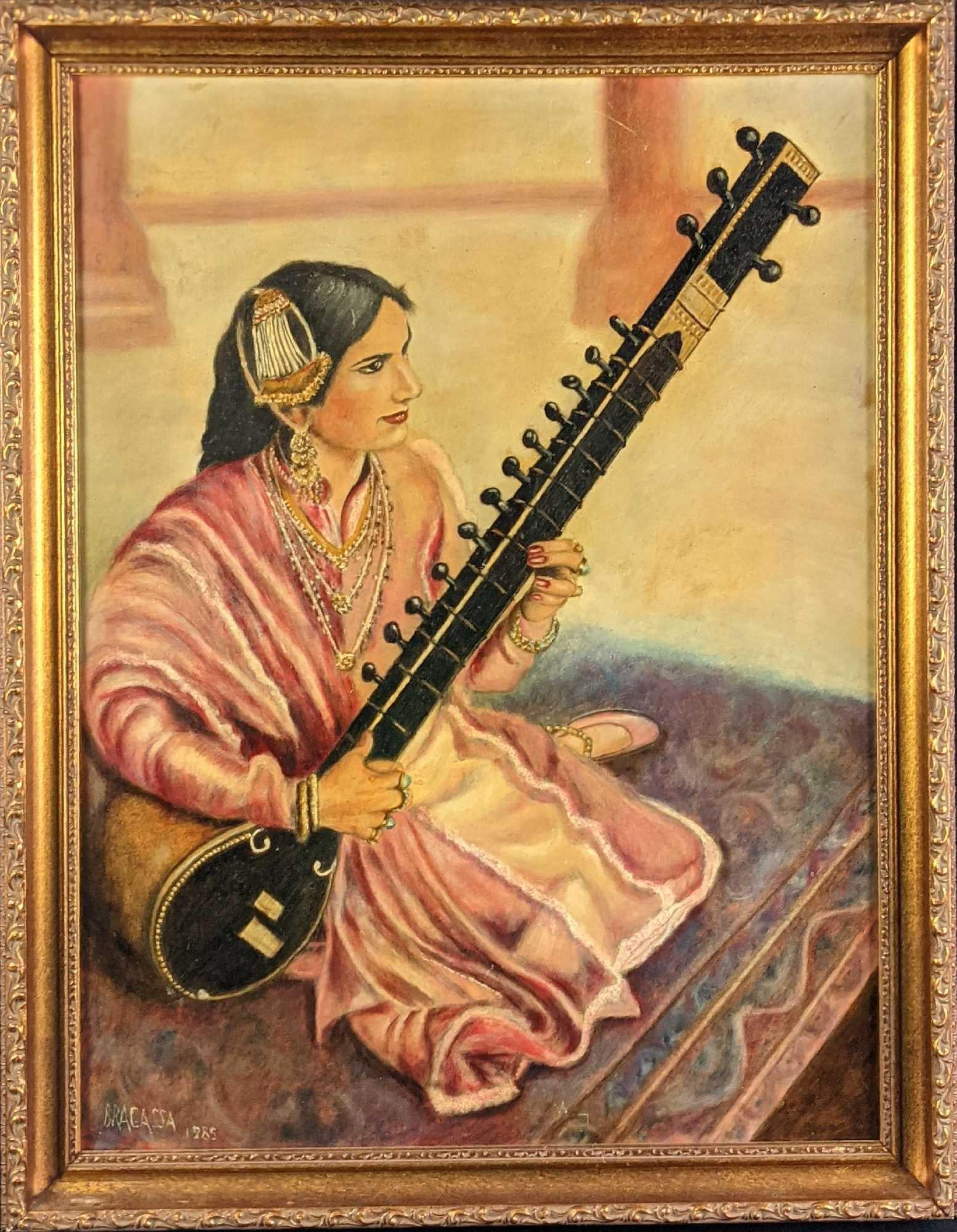 Vintage Framed Embellished Print Woman Playing Sitar Or Veena: Vintage Framed Embellished Print Woman Playing Sitar Or Veena. Artist applied a clear coat or clear varnish and added embellishments to highlight certain parts of the print. The artist signed the bott