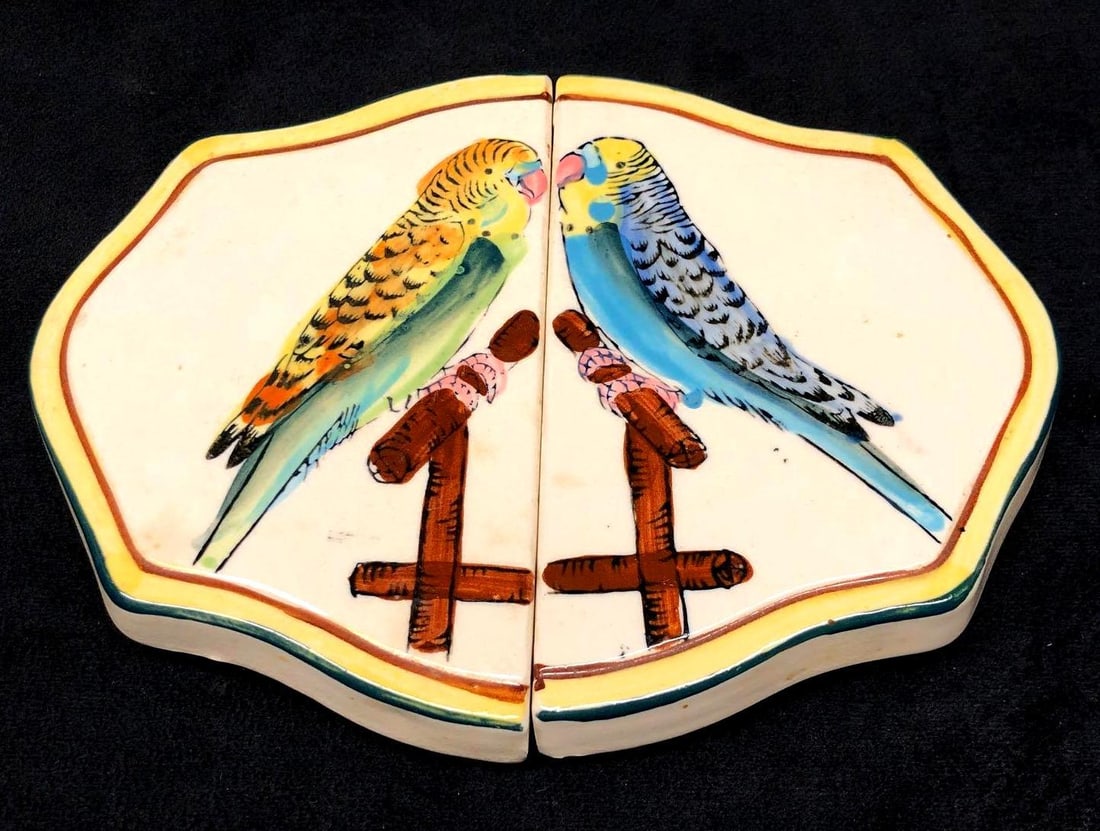 Expandable Ceramic Parakeet Trivet - Fred Roberts: Vintage Expandable Ceramic Trivet with Hand Painted Parakeets by Fred Roberts Co. This Vintage Hot Pad is approximately 8" x 6-3/4" x 1-1/4" and 10" x 6-3/4" x 1-1/4" when expa