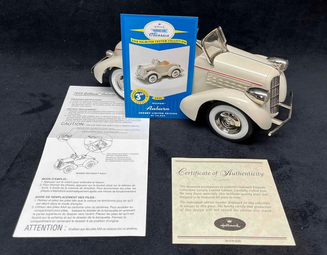 Limited Edition 2000 Kiddie Car Classic "1935 Gilham Auburn" With COA & Hallmark Card: This lot contains a Limited Edition 2000 Kiddie Car Classic "1935 Gilham Auburn" With COA & Hallmark Card. It is approx 9 1/4" x 4 1/4" x 4" and weighs about 2.1lbs. Overall th