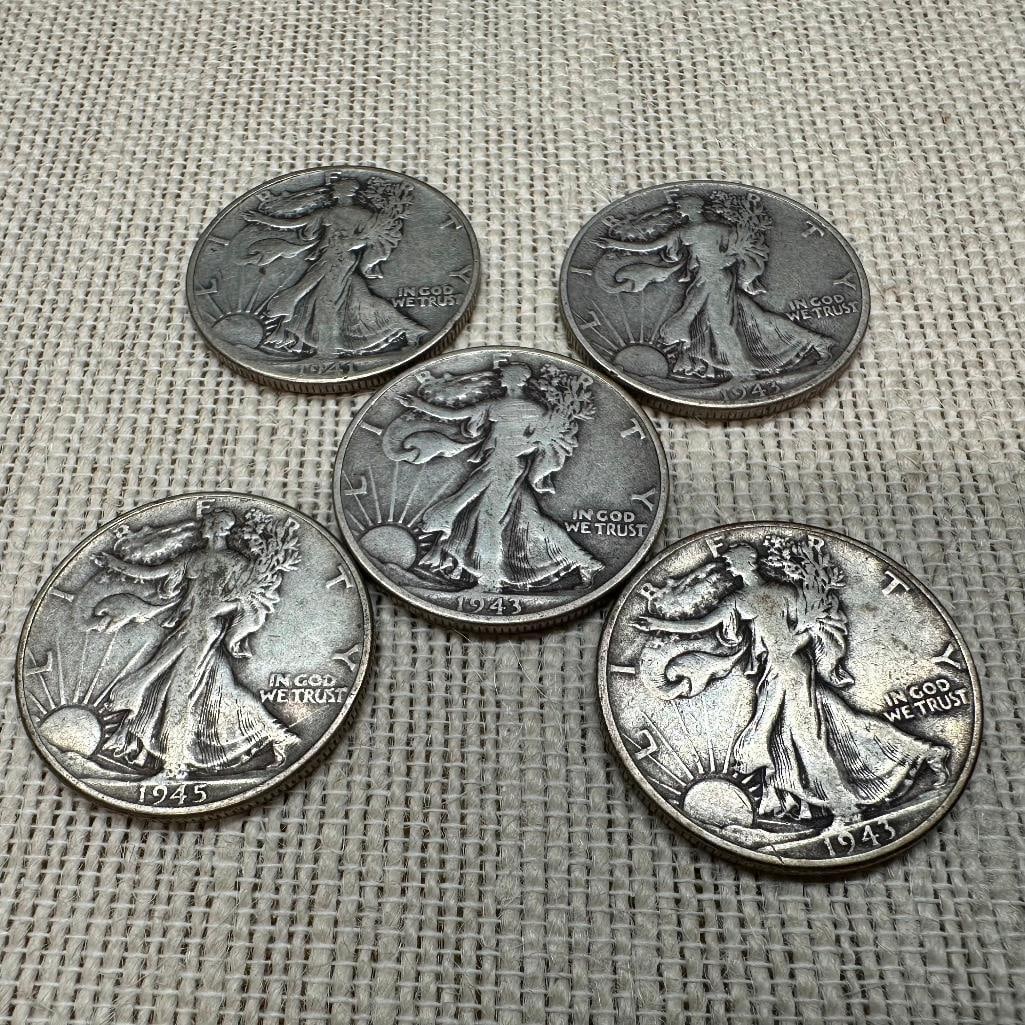 Five 1940s Walking Liberty Half Dollars (1 of 2)
