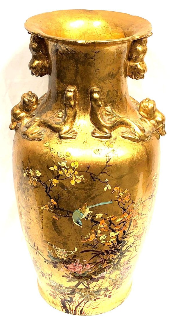Vintage Asian Chinoiserie Floor Vase Flowers Birds (1 of 8)