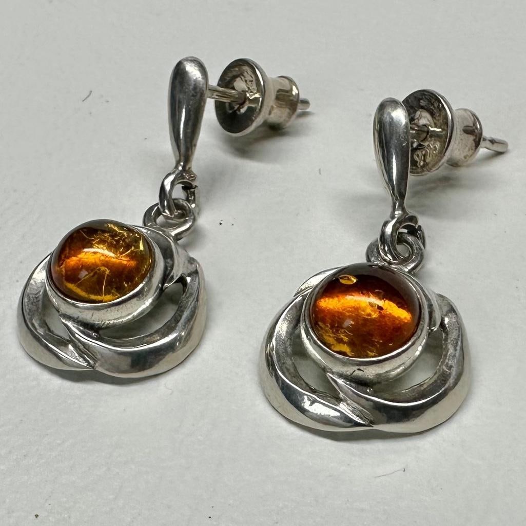 Pair of Sterling Amber Cabochon Earrings (1 of 3)