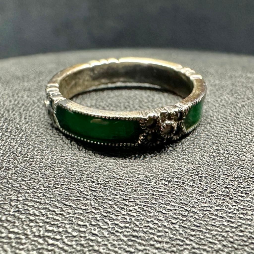Sterling Marcasite Green Enamel Ring (1 of 2)