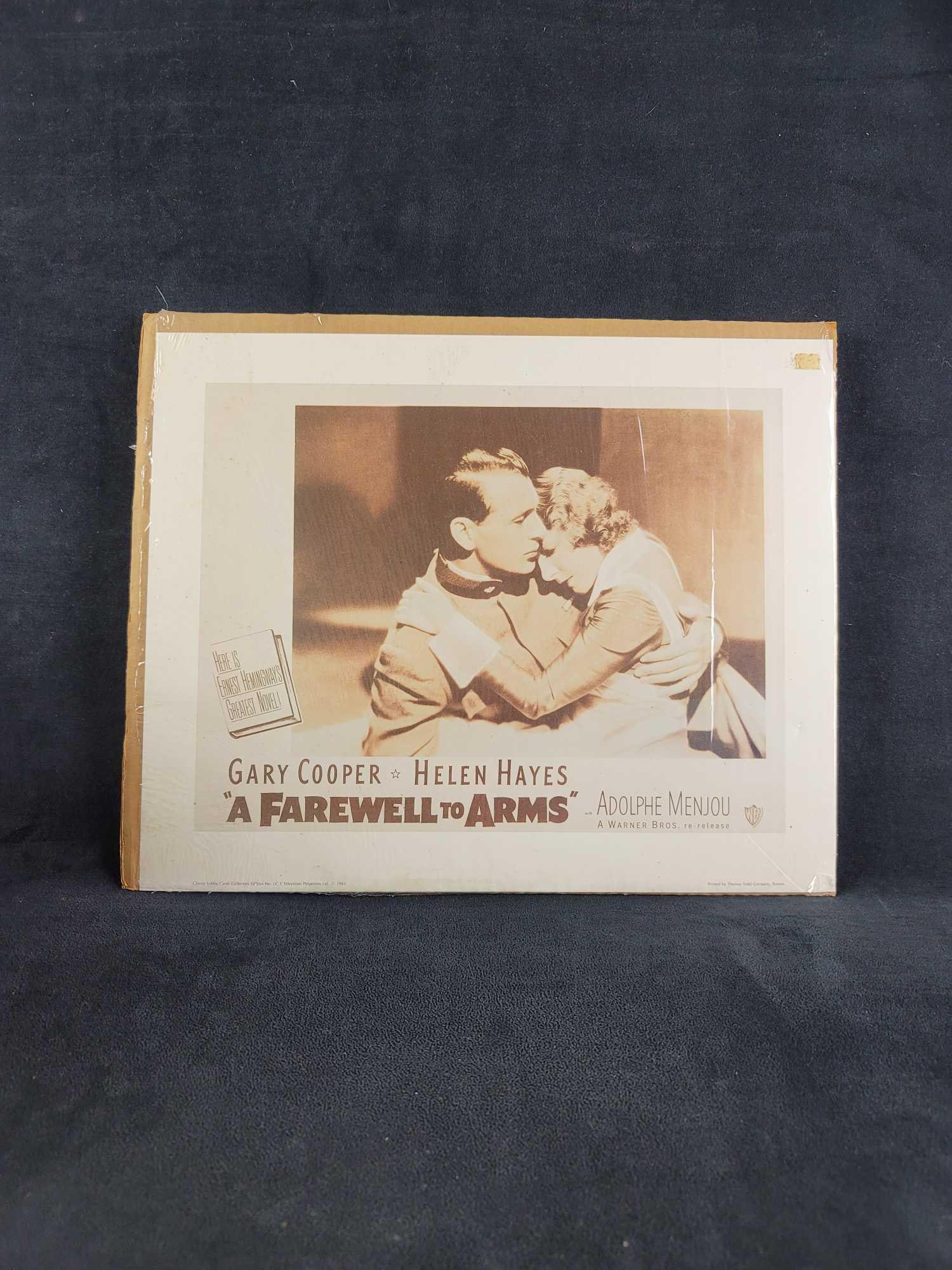 A Farewell to Arms Lobby Card: 1884 Collectors print lobby card of " A Farewell to Arms" Adolphe Menjou. Tribute to Ernest Hemingways Greatest Novel. Card is in good condition. Approx. measures 16 1/2" x 13 1/2