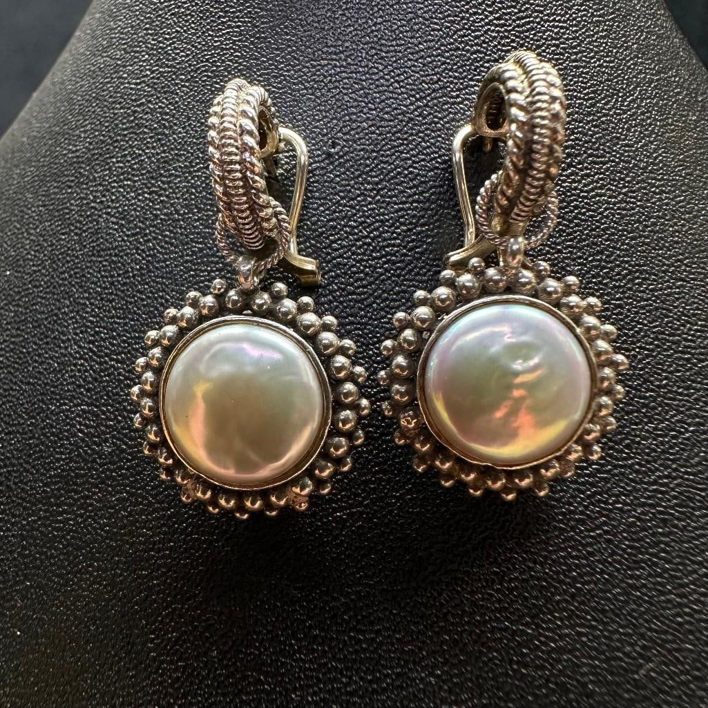 Sterling Silver Button Pearl Hanging Earrings: This piece of jewelry has been tested and researched prior to listing. Please view all our pictures they are part of our description. DETAILS: Metal - Sterling Silver Color -Silver Stones - button pea