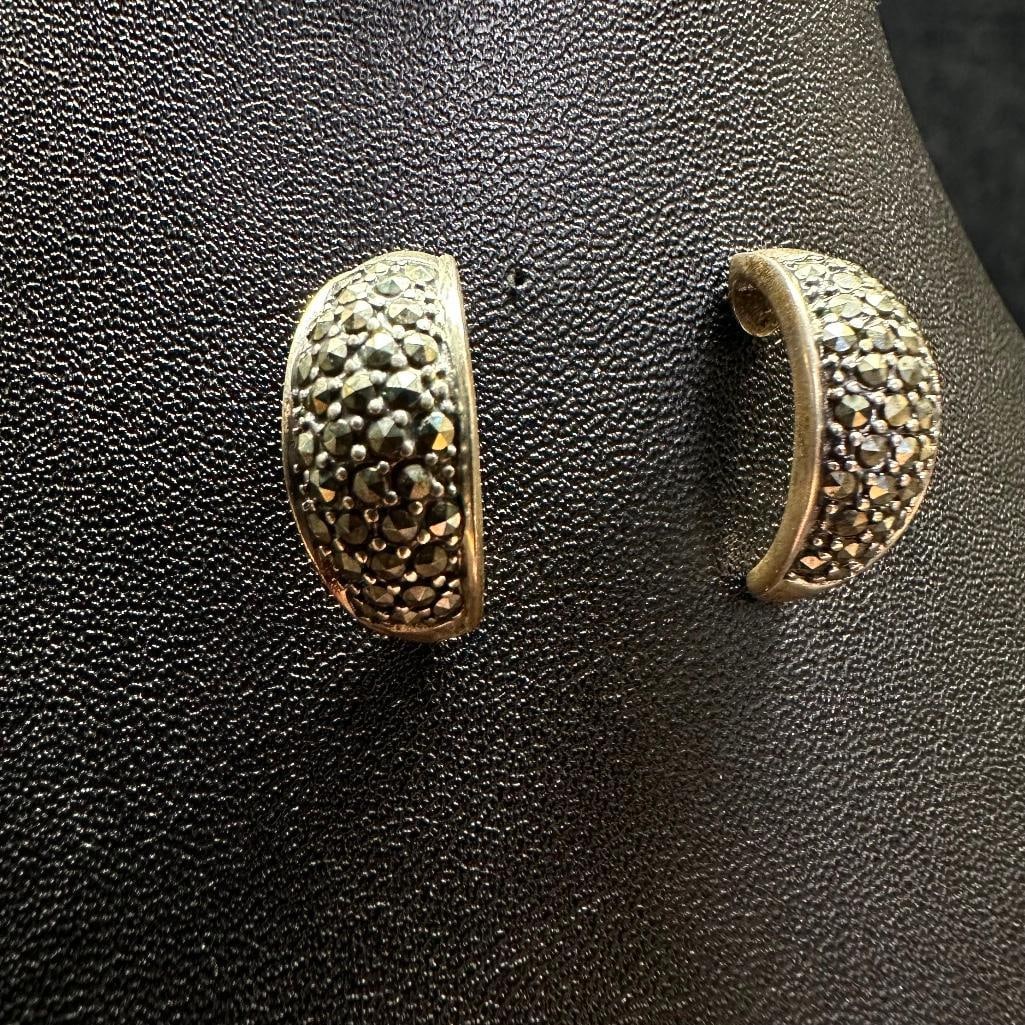Sterling Silver Marcasite Half-Hoop Earrings: This piece of jewelry has been tested and researched prior to listing. Please view all our pictures they are part of our description. DETAILS: Metal - Sterling Silver Color -Silver Stones - marcasite 