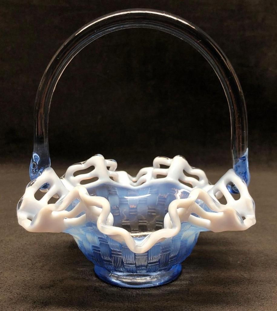 Fenton Blue Open Lace Basket Weave Ruffle Bowl: Vintage Fenton Glass Art - Blue Opalescence Open Lace Basket Weave Bowl with Ruffle Edge and Handle. It is approx 7" x 6-1/2" x 6" and it weighs about 0.9lbs. Overall the Fenton Basket Wea