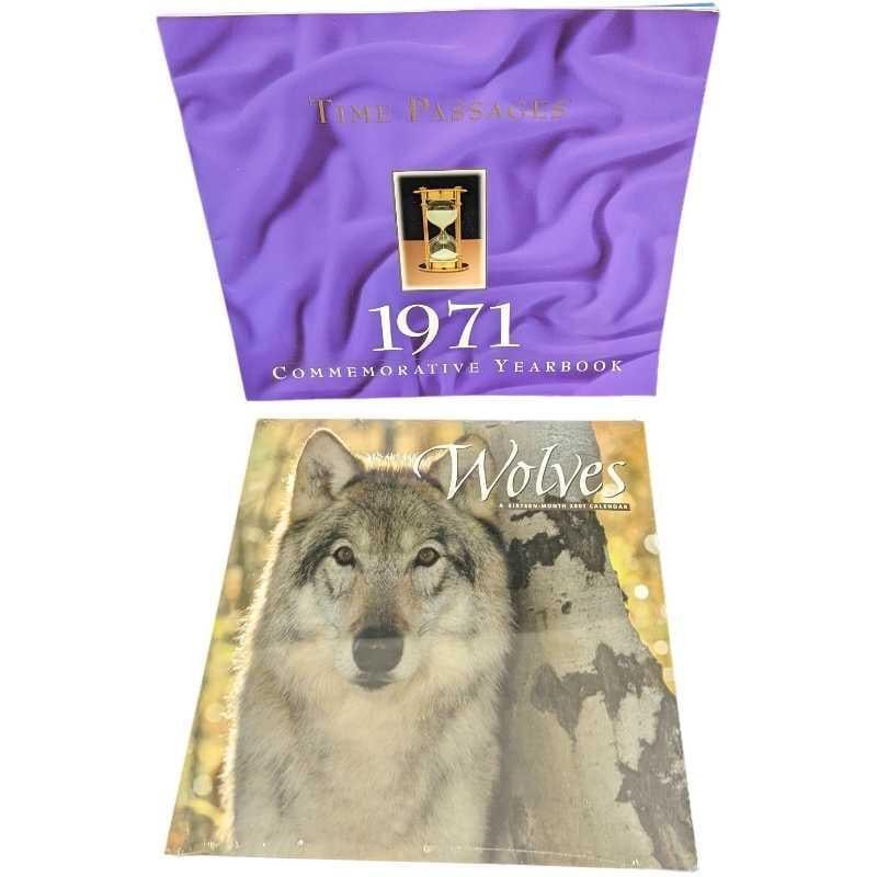 1971 Commemorative Yearbook & 2001 Wolves Calendar: This lot includes: (1) Sealed "Wolves" A Sixteen Month 2001 Calendar. This is approx 12" x 12". (1) Time Passages - 1971 Commemorative Yearbook. By Robert Burtt & Bill Main. It Sho
