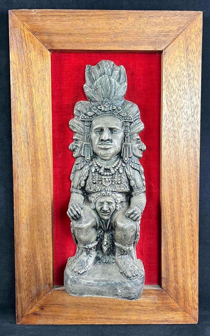 Mid Century Mayan Revival Framed Art Relief: Mid Century Mayan Revival Framed Art Relief This is a unique Mayan art piece. The piece is in good condition with no known damage. This type of art is called a relief. The work measures 12in L x 3 1/2