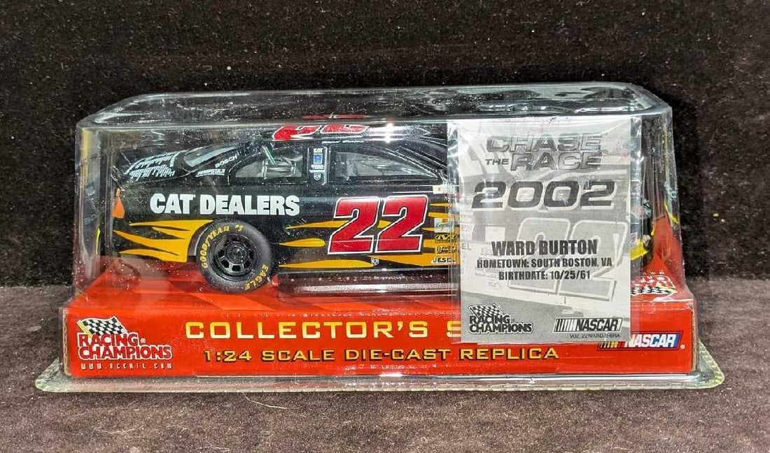 2002 Racing Champions Ward Burton 1:24 Scale Die-Cast Car: 2002 Racing Champions Ward Burton 1:24 Scale Die-Cast Car. The die-cast car comes sealed in the original box that is approx 9 1/4" x 4 1/2" x3 3/4" and it weighs 1.04lb.