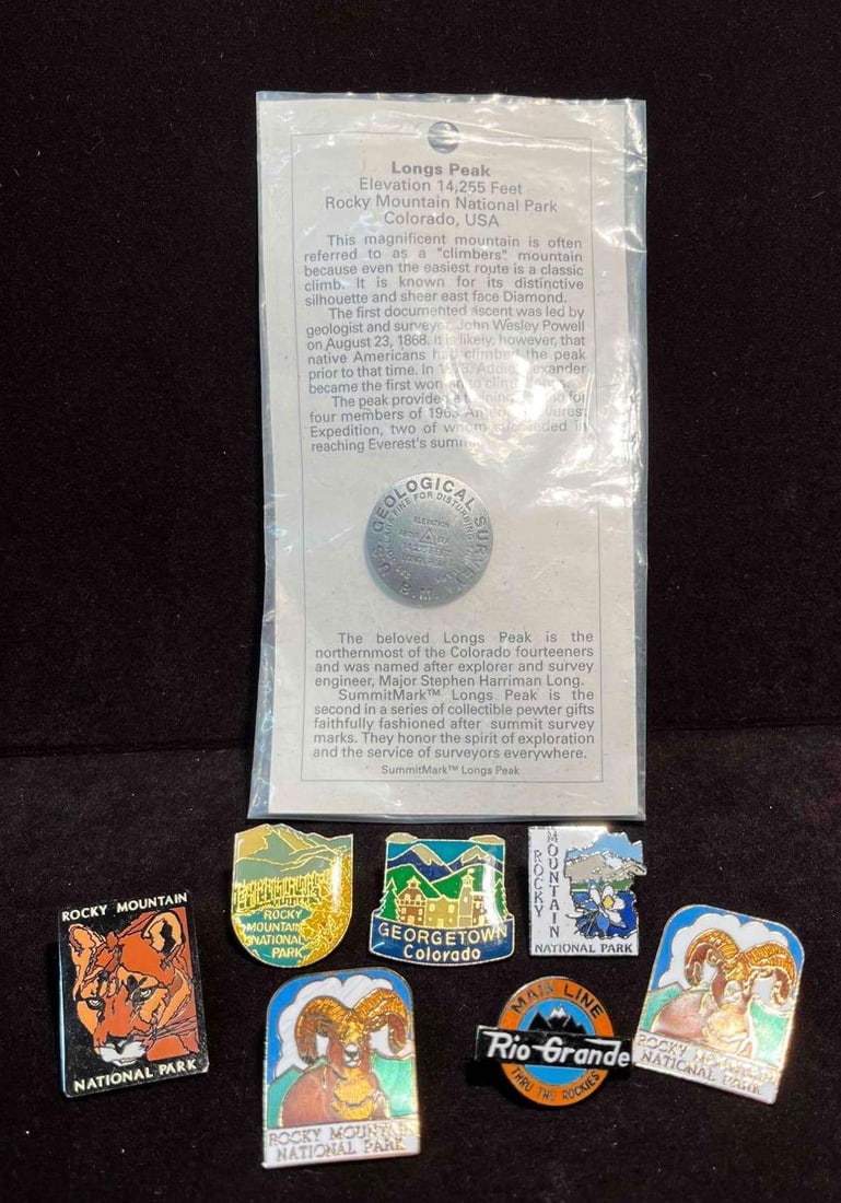 Rocky Mountains Pin Bundle (F18): This lot contains a Rocky Mountains Pin Bundle (F18). The pins fits in a small 6 3/4" x 4 1/4" plastic bag and altogether they weigh about 0.1lbs. Overall the pins are in good used condition w