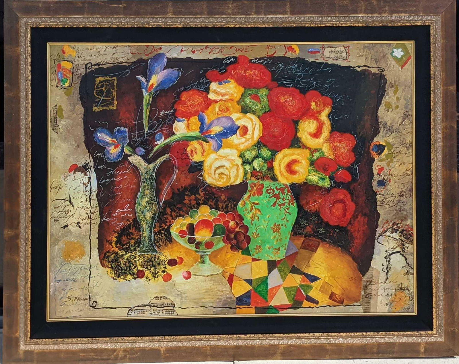 Large Original Framed Mixed Media Oil Flowers On Canvas (1 of 7)