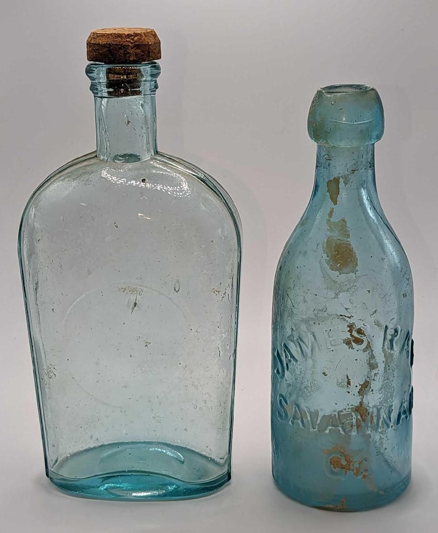 Antique 1870s James Ray "Blob Top" Glass Bottle & Flask: Antique 1870s James Ray "Blob Top" Glass Bottle & Flask. This lot includes: (1) Vintage Glass Flask Bottle And Cork. Is marked "F" on the bottom. This is approx 3 3/4" x 2"